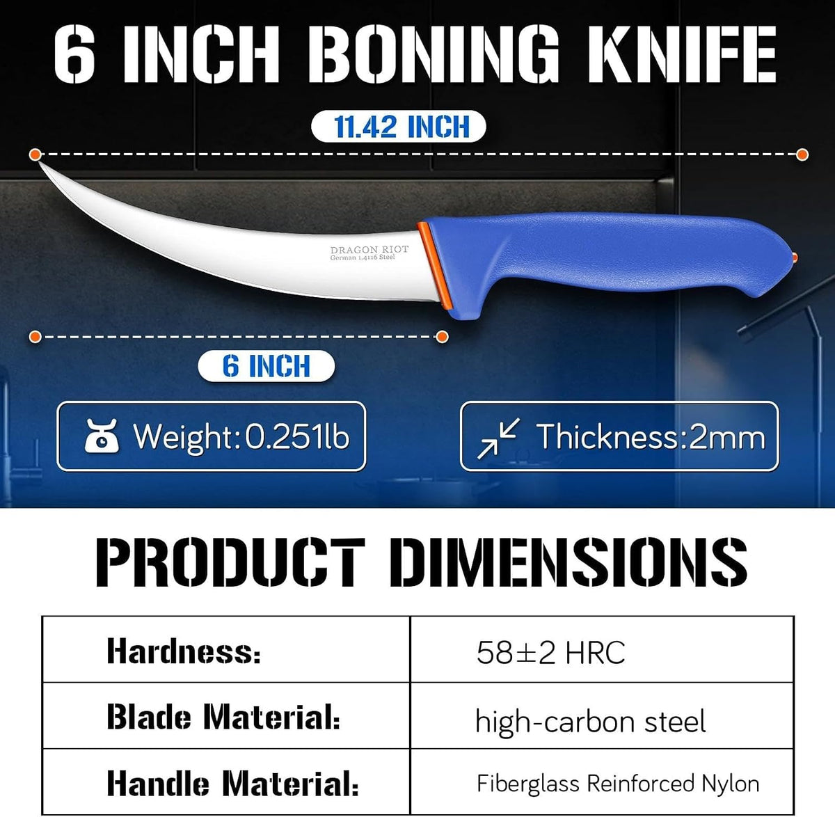 6 Inch Fillet Knife, Boning Knife, Flexible Blade, Curved Blade