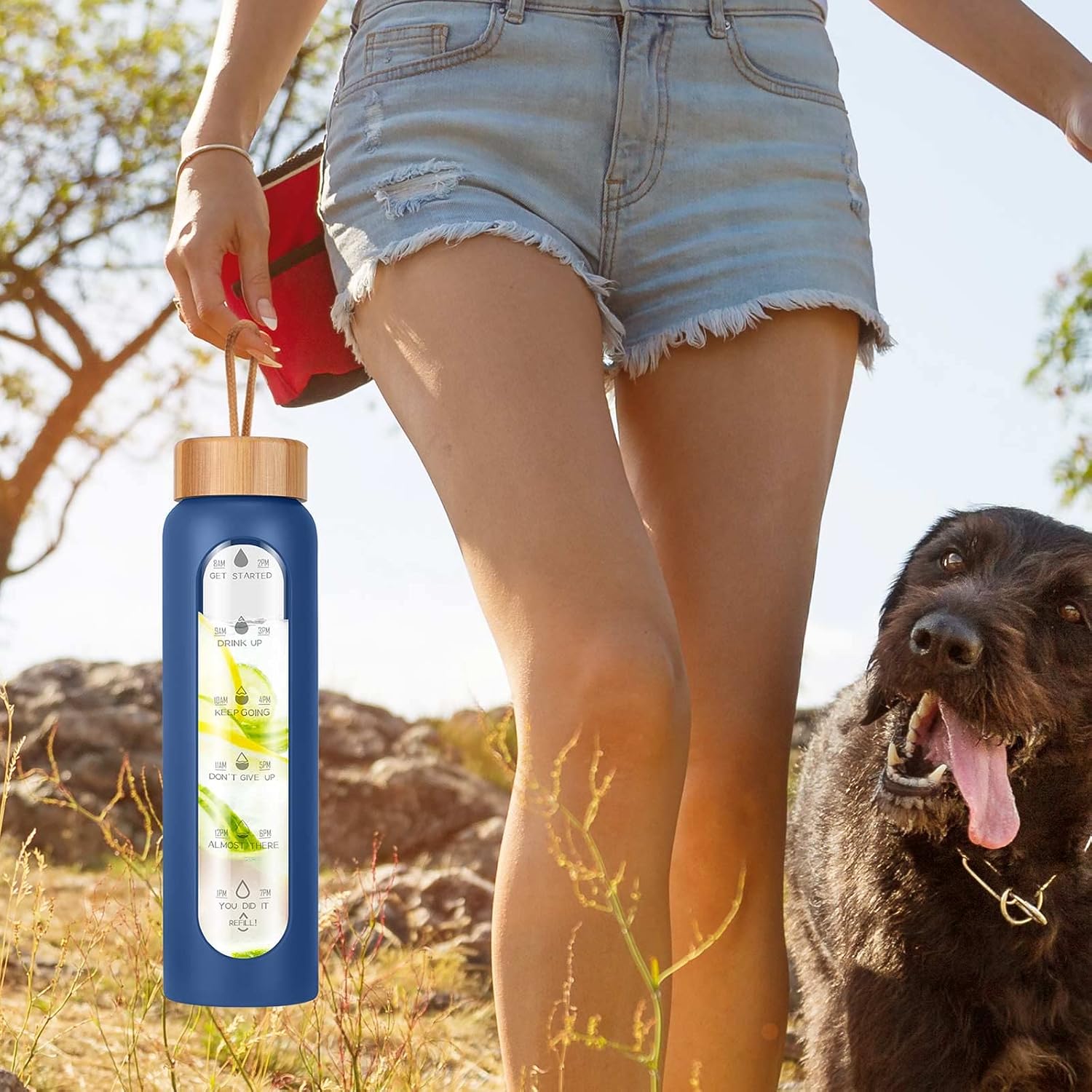 Glass Water Bottles 32 Oz with Silicone Sleeve - BPA Free Reusable Wide Mouth Glass Motivational Water Bottles with
