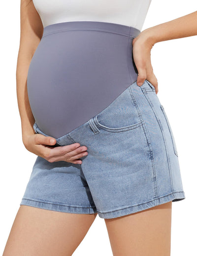 Women's Maternity Jean Shorts Over Belly Summer Casual Stretch Comfy Denim Shorts(Light Blue, Medium)