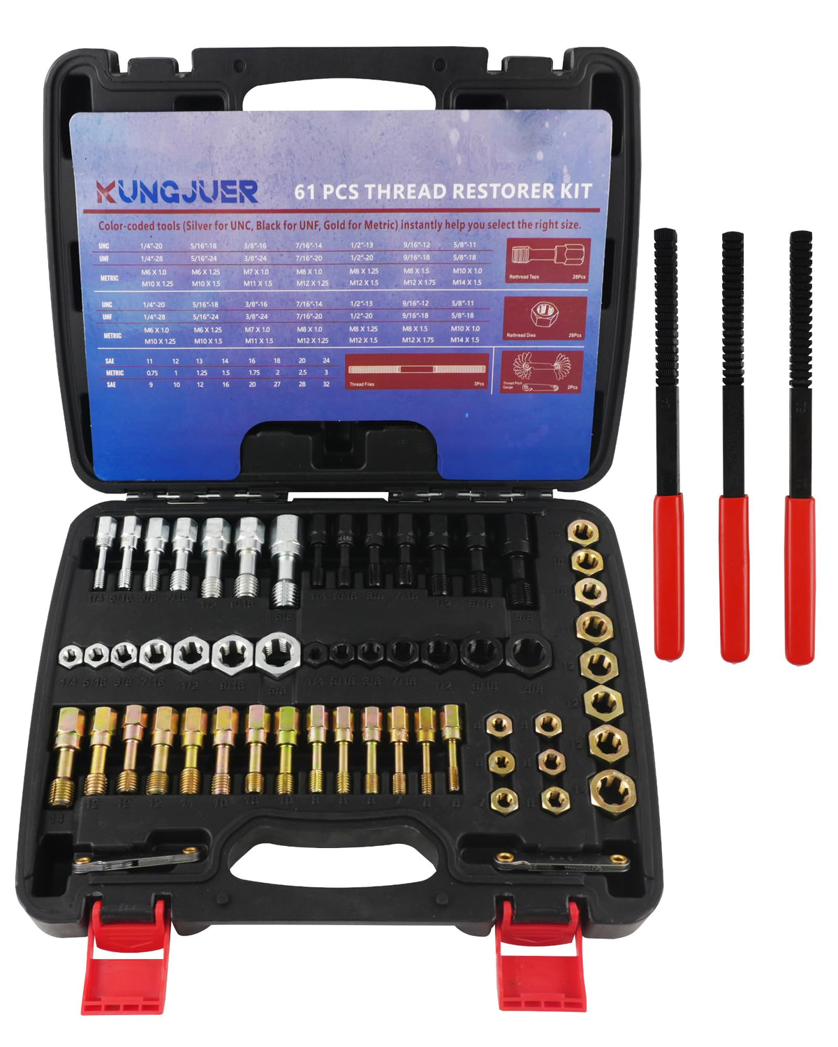 KUNGJUER 61PCS Master Thread Rethreading Kit,UNC UNF Metric Thread Chaser