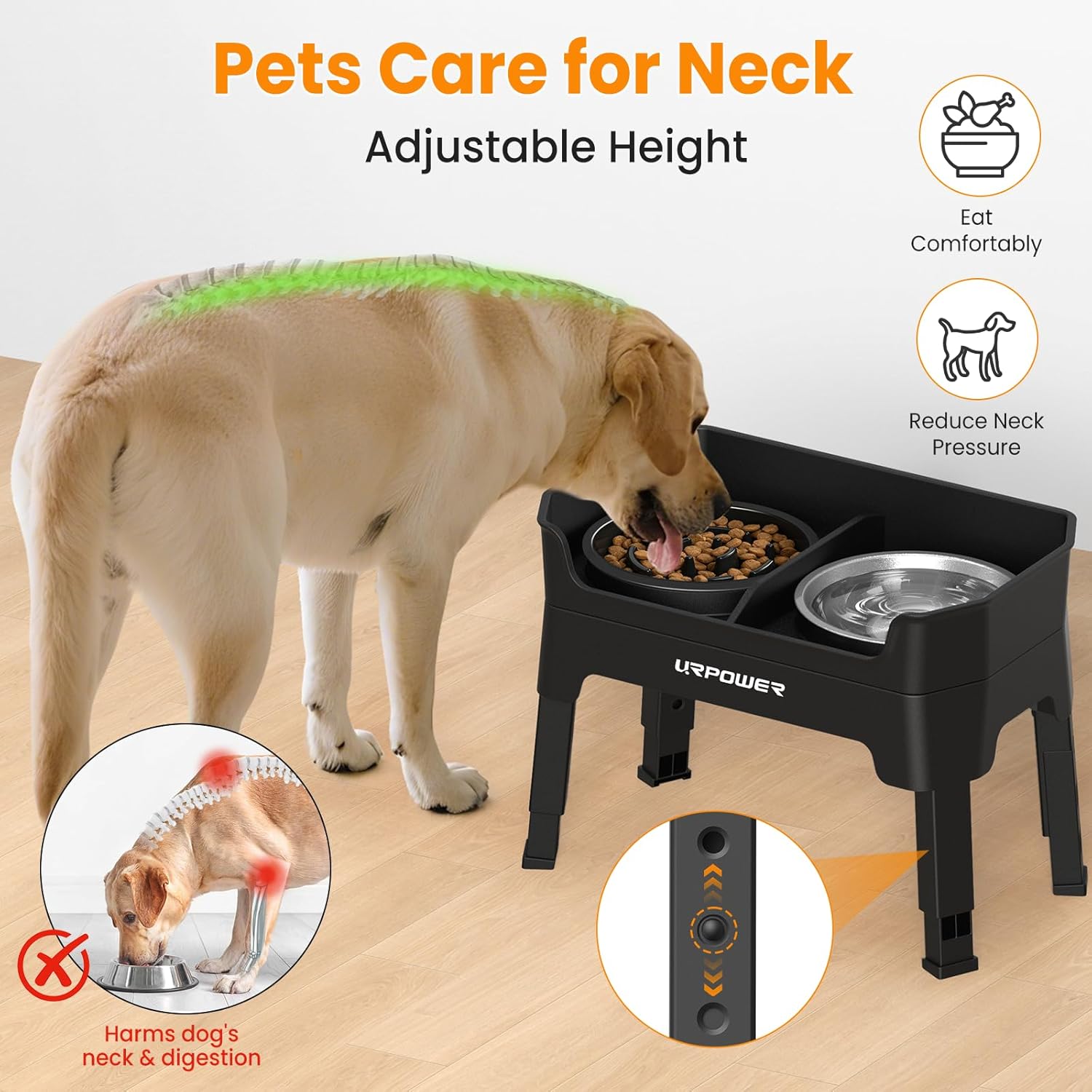 3-in-1 Elevated Dog Bowls - Mess Proof Double Deck 4 Height Adjustable Raised Stand with Stainless Steel Bowl & Slow