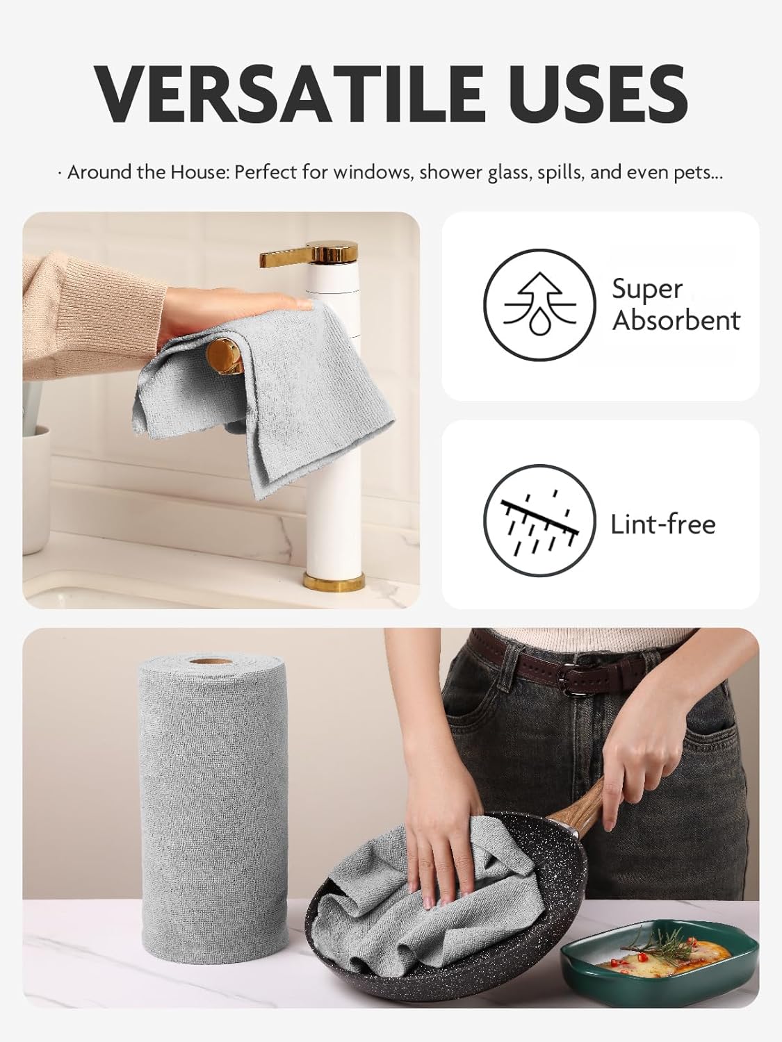 Microfiber Cleaning Cloth Roll -60 Pack, Tear Away Microfiber Towels, 12" x 12", Reusable, Washable, Scratch Free