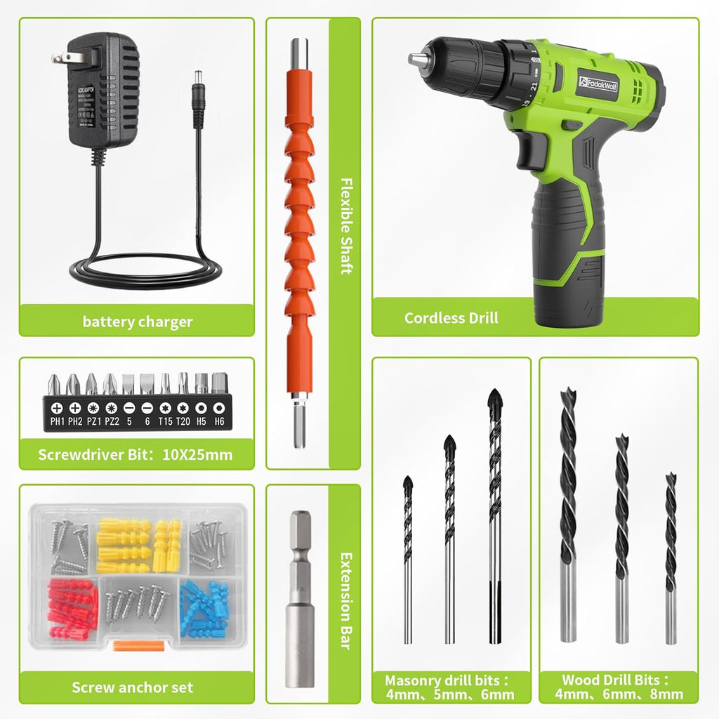 Cordless Drill Set,12V Power Drill Set with Battery and Charger, Electric Driver/Drill Bits, 3/8'' Keyless Chuck,21+1