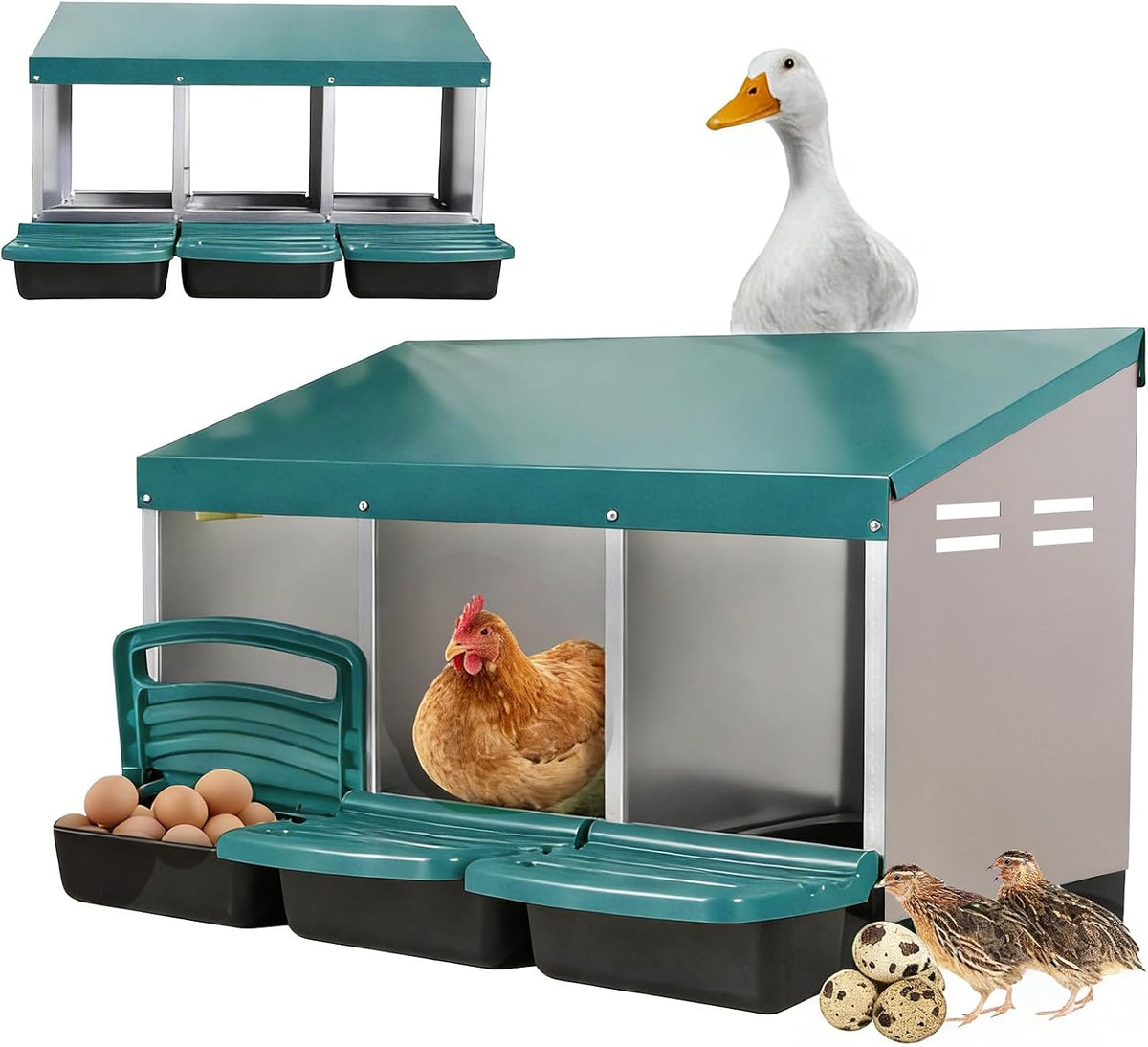 Chicken Nesting Boxes, 3 Compartments Egg Collection with Removable Drawer, Chicken Metal Laying Nest Box for Hens