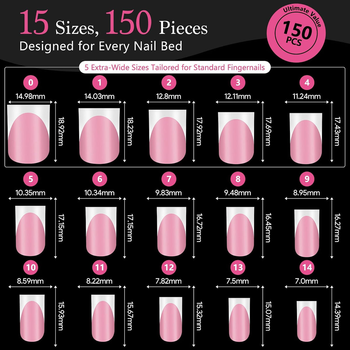 Deep Pink French Tip Press On Nails 150 Pcs Short Square
