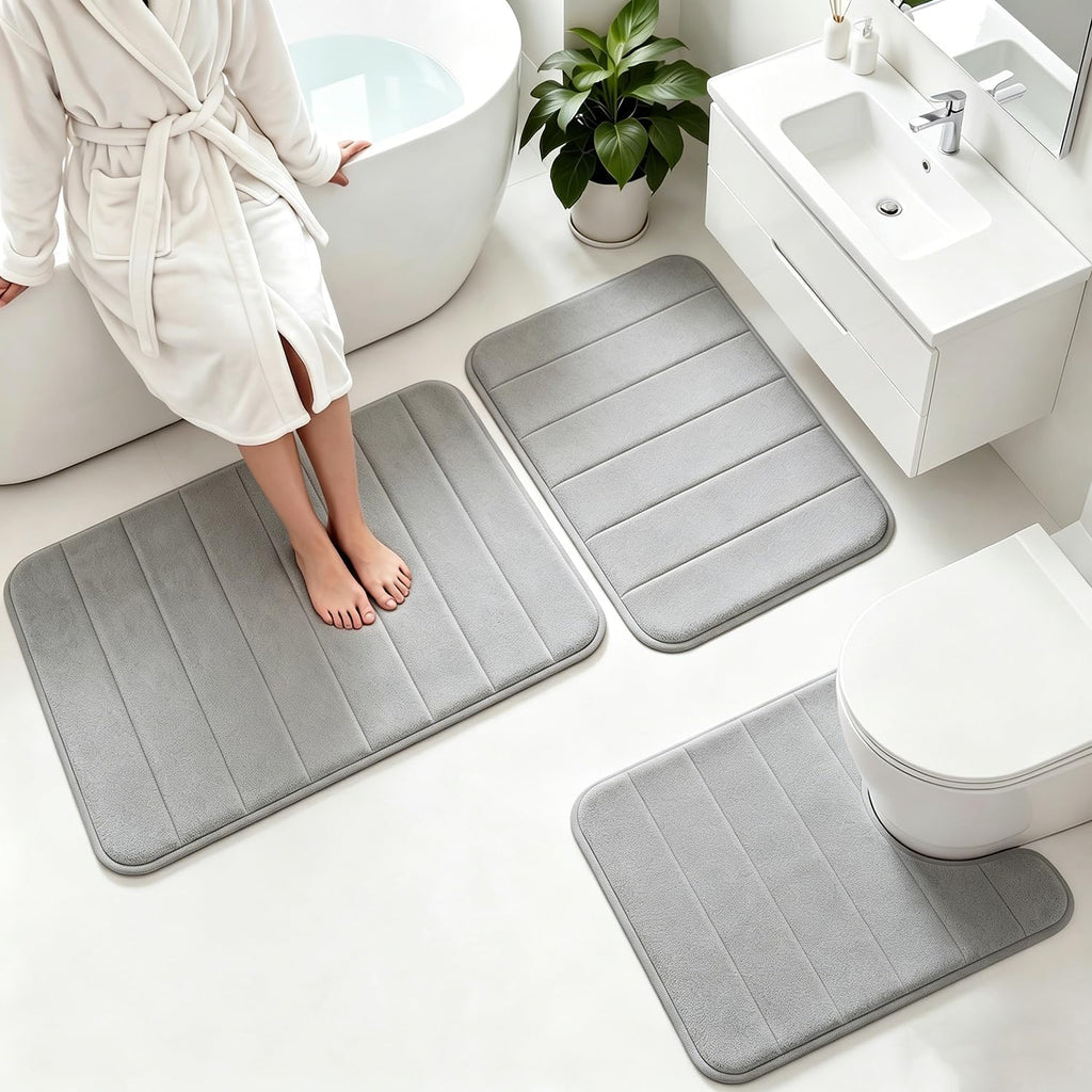 Memory Foam Bath Mat Set 3 Piece，Super Soft Absorbent Bathroom Rug Non Slip, Quick Dry,Machine Wash, Perfect Plush
