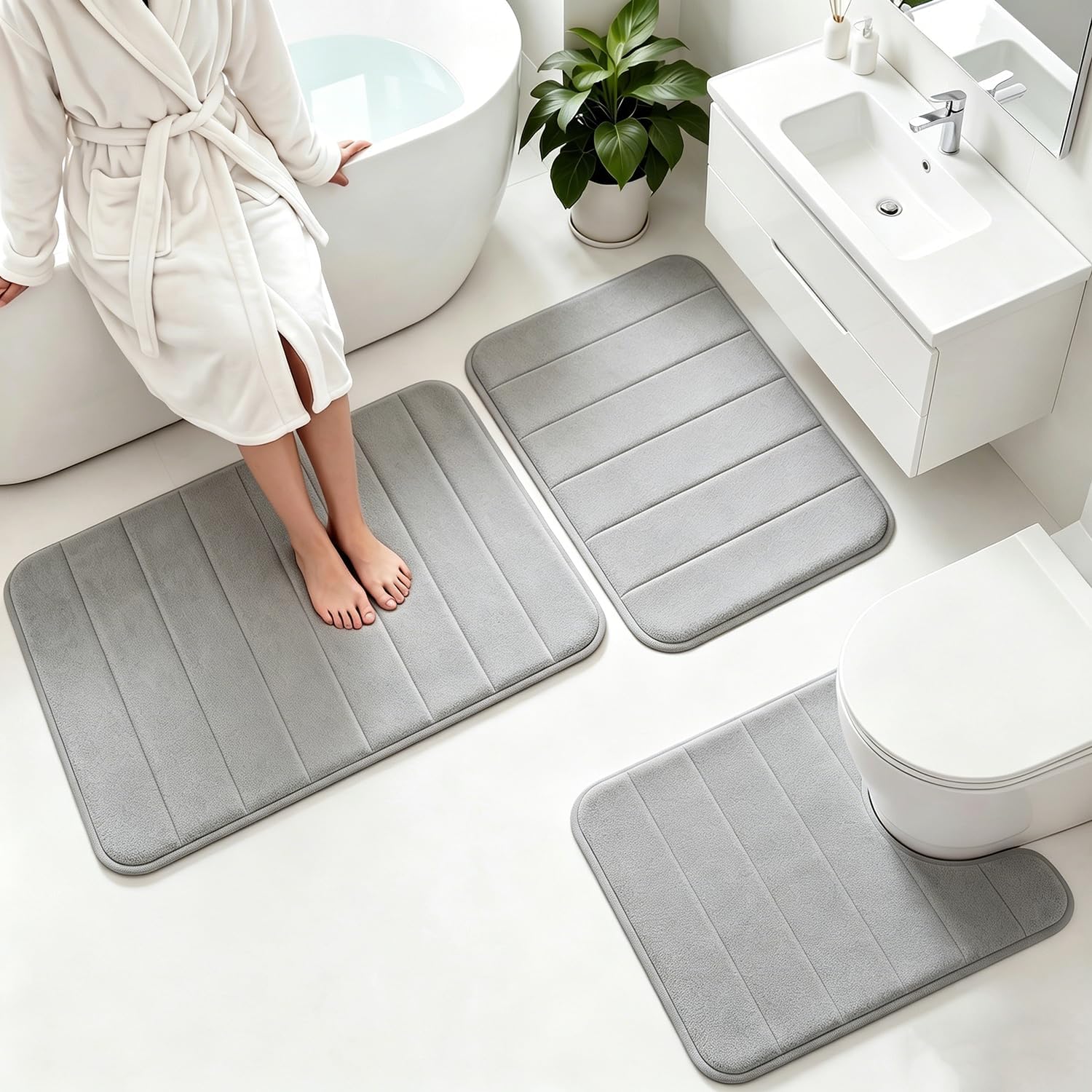 Memory Foam Bath Mat Set 3 Piece，Super Soft Absorbent Bathroom Rug Non Slip, Quick Dry,Machine Wash, Perfect Plush