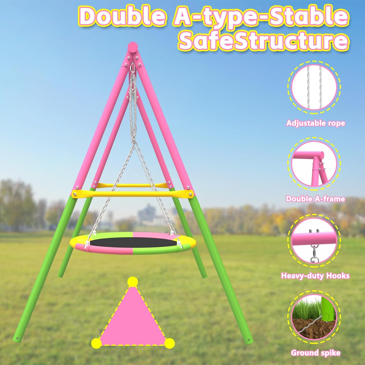 Flying Saucer Swing Set with Heavy Duty A-Frame Metal Swing Stand, Full Steel, Outdoor for Kids, Backyard