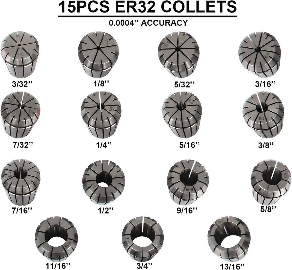 R8 Collet Set with 15 PCS ER32 Collets, R8 ER32 Collet Holder Chuck Kit for CNC Engraving Machine & Milling Lathe Tool