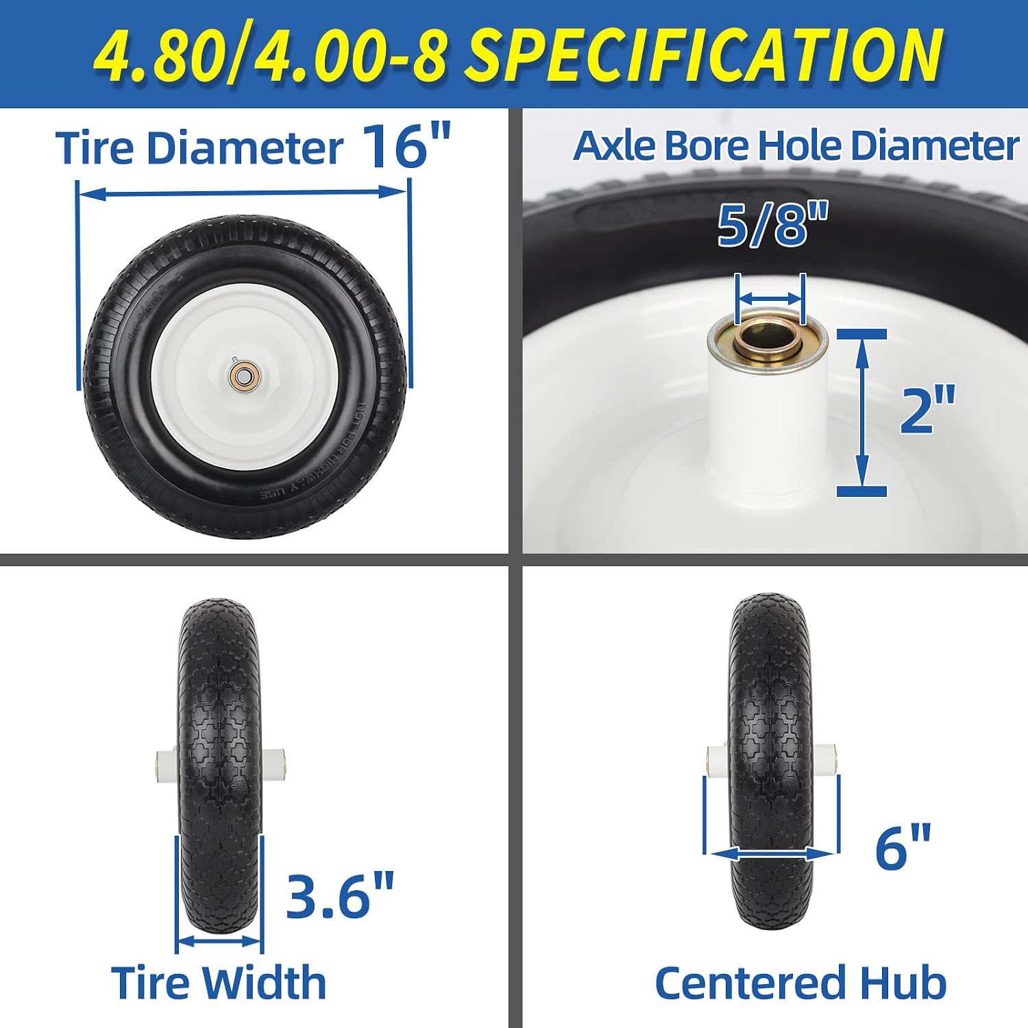 16" Solid Wheelbarrow Tire, 4.80/4.00-8" Flat-Free Tire and Wheel, 6" Centered Hub, 5/8" Axle Bore Hole for Wheel