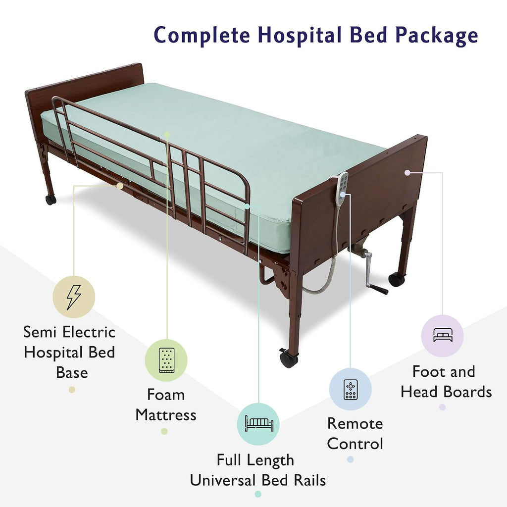 Semi Electric Hospital Bed with Premium Foam Mattress and Full Rails - for Home Care Use and Medical Facilities