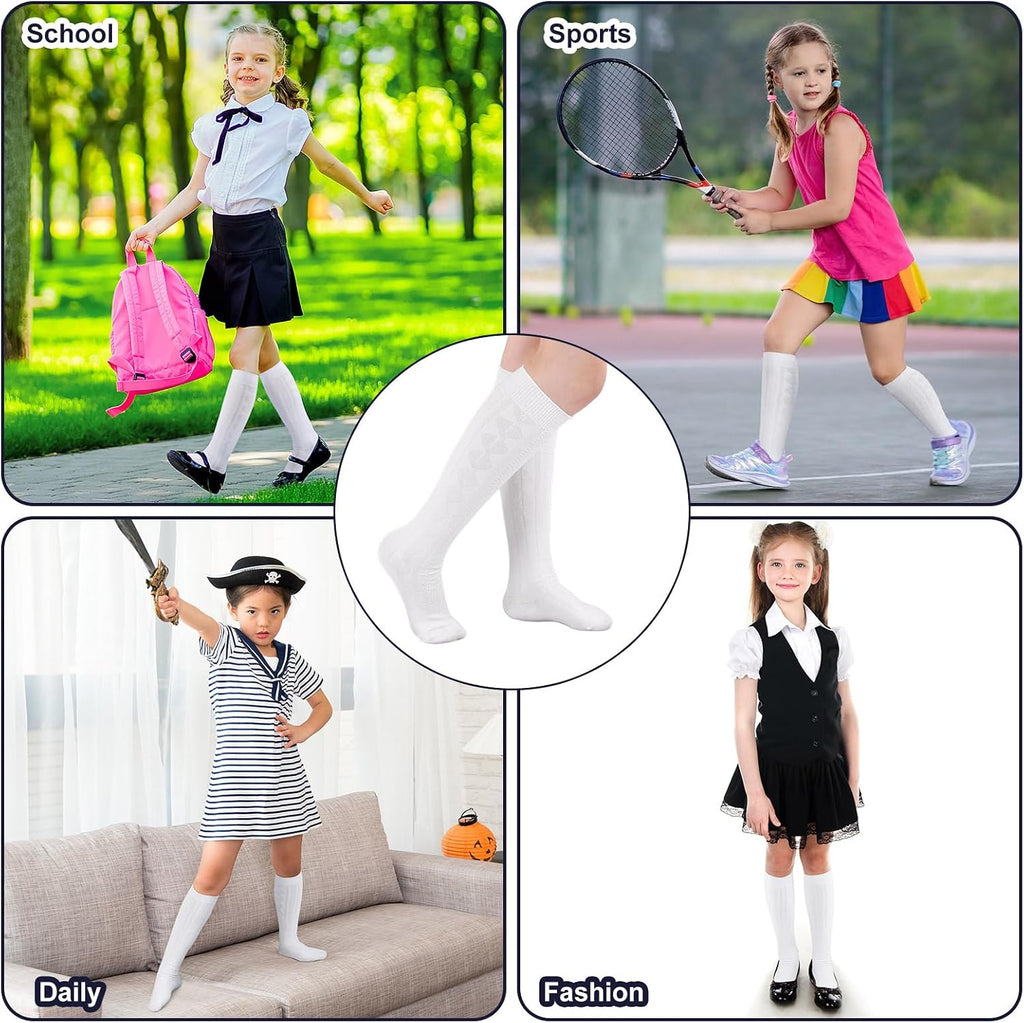 9 Pairs Girls Knee High School Uniform Socks | Cable Knit Seamless Cotton Breathable, Long Tube Dress Socks
