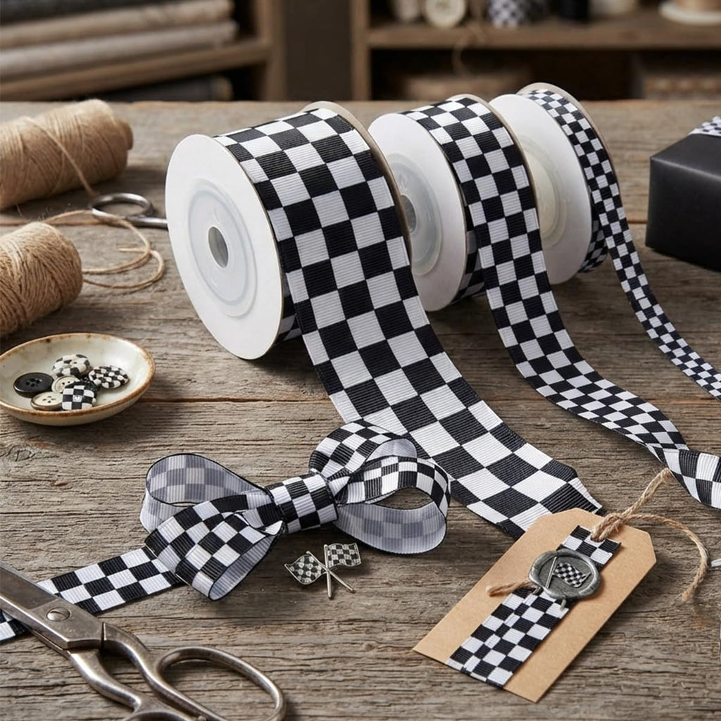 3 Roll Black and White Checkered Print Grosgrain Ribbon for Craft