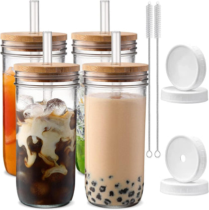 Glass Cups with Lids and Straws,24 oz Smoothie Cup with Lid and Straw-Boba Mason Jar,Matcha Cup Wide Mouth Reusable