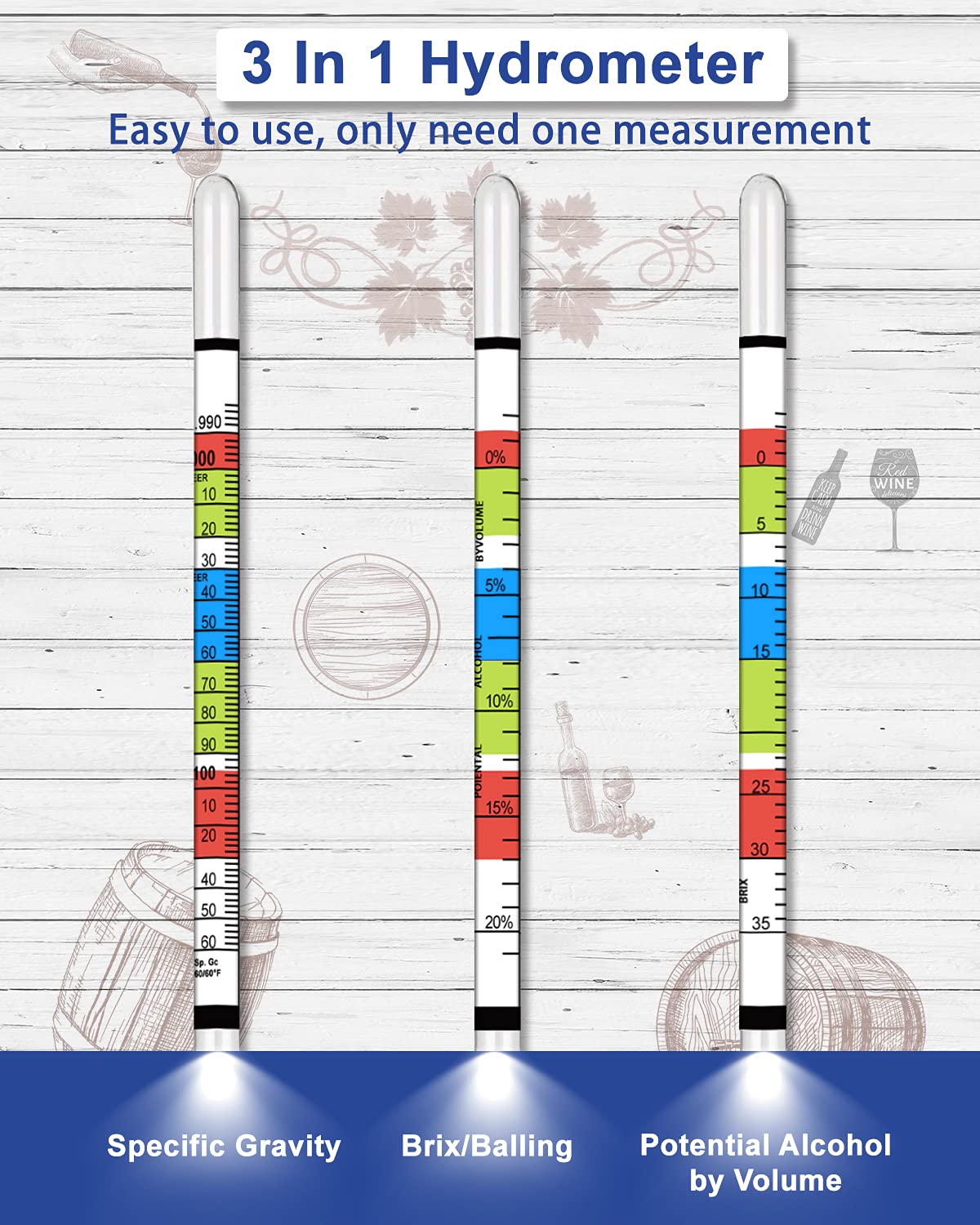 Hydrometer Test Kit, Triple Scale Alcohol Tester Hydrometer for Wine, Beer, Kombucha & Mead, Wine Making Kit, (ABV