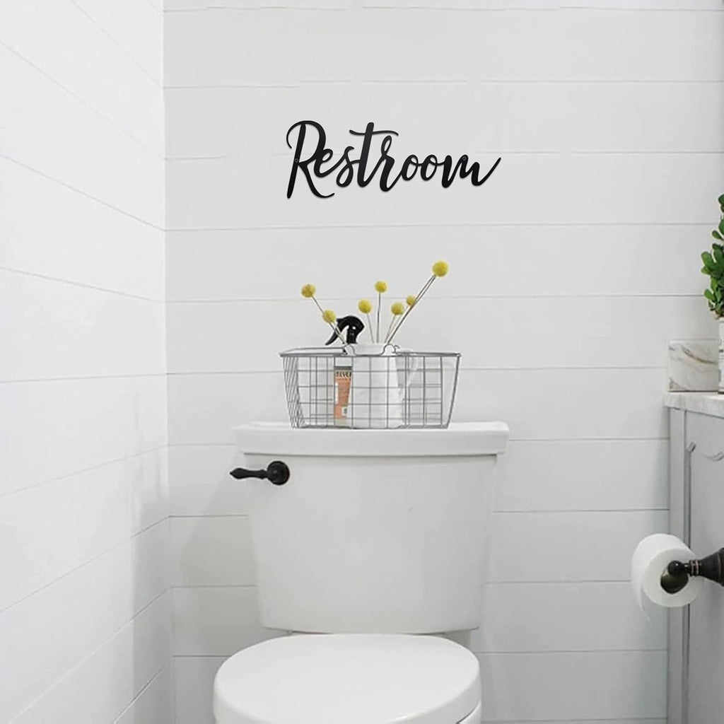 Restroom Sign Metal Wall Art Decoration, Black, 14.17 x 5.12 inch