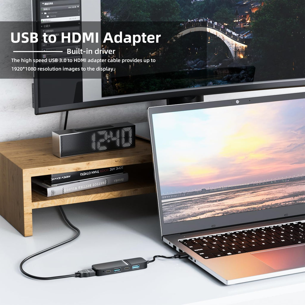 USB to HDMI Adapter, Eanetf Dual USB C USB A 3.0 Hub: 5 Ports with 2* USB-C and 2* USB-A and 1* HDMI Extend for