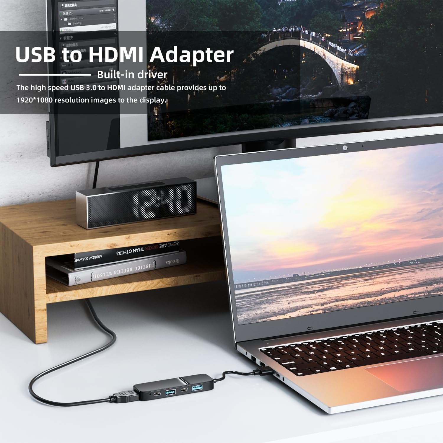 USB to HDMI Adapter, Eanetf Dual USB C USB A 3.0 Hub: 5 Ports with 2* USB-C and 2* USB-A and 1* HDMI Extend for