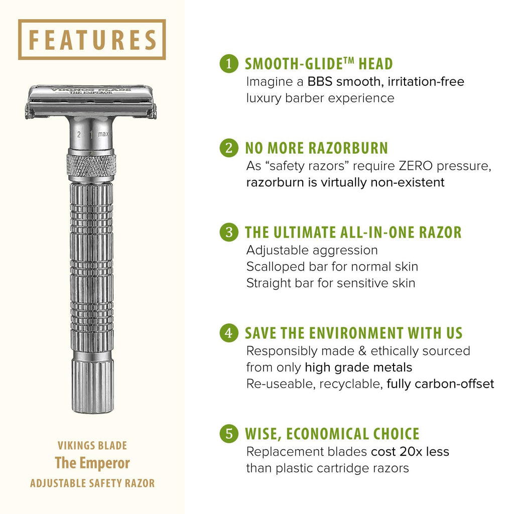 Adjustable Double Edge Safety Razor + Luxury Case. Smooth, Reusable, Eco-Friendly (The Emperor “Frosted Chrome”)