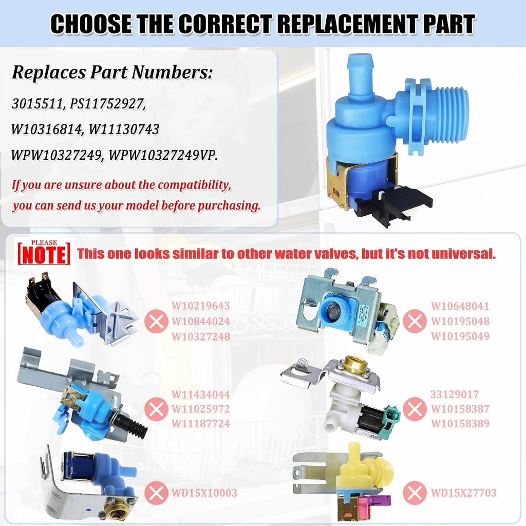WPW10327249 Dishwasher Water Inlet Valve Replacement for Whirlpool, Kenmore, KitchenAid, Maytag - Replaces W10316814, W11130743, AP6019618, EAP11752927, PS11752927