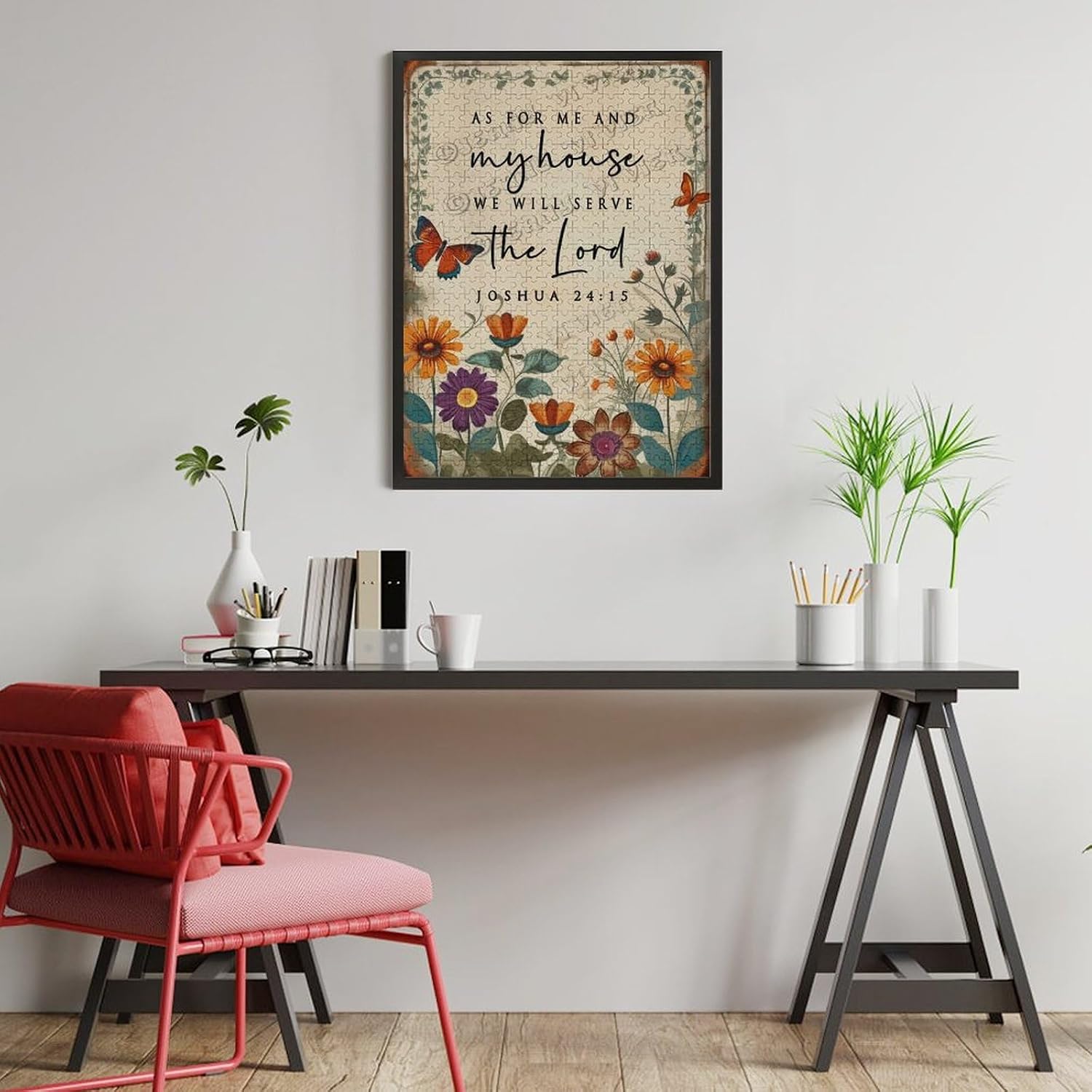 Wild Flower As for Me and My House We Will Serve The Lord Joshua 24：15 Wood Wall Art Wood Decorative for Home Desk