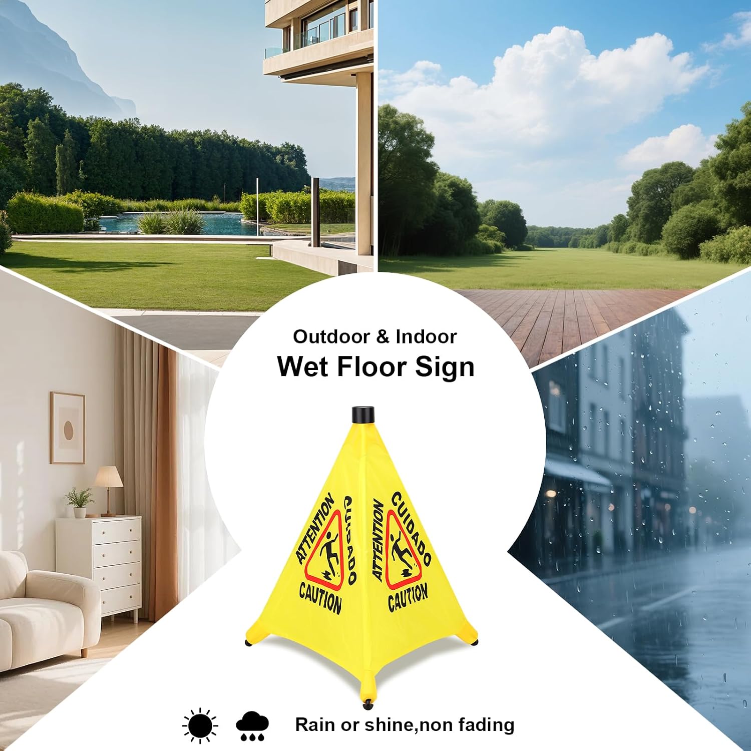 Caution Wet Floor Sign - 20" Height Bright Yellow Four-Sided Folding Pop Up Foldable Design - English Safety Warning