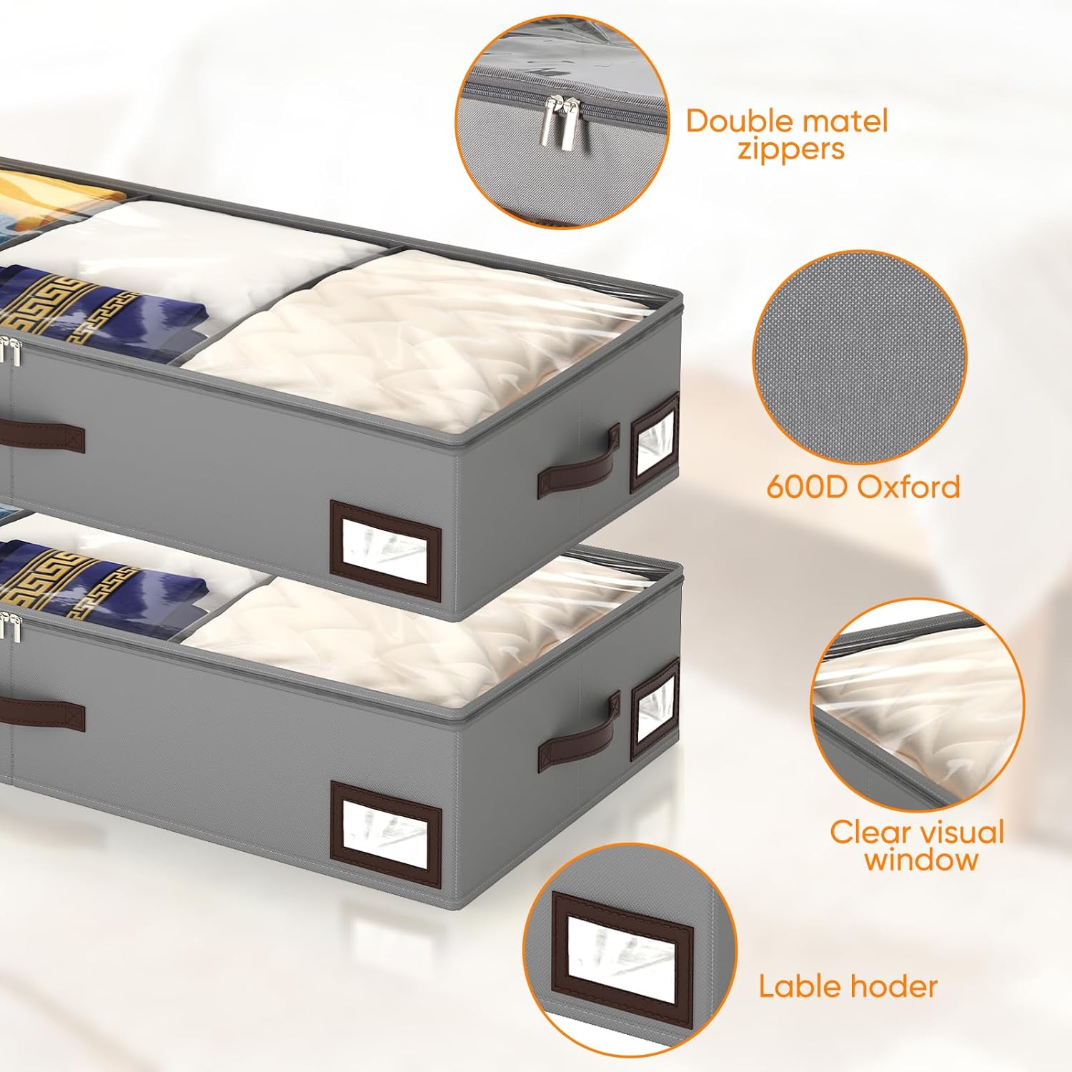2 Pack 53L Under Bed Storage with Adjustable Dividers, 6" Low Profile Underbed Storage Bins for Comforters & Clothes