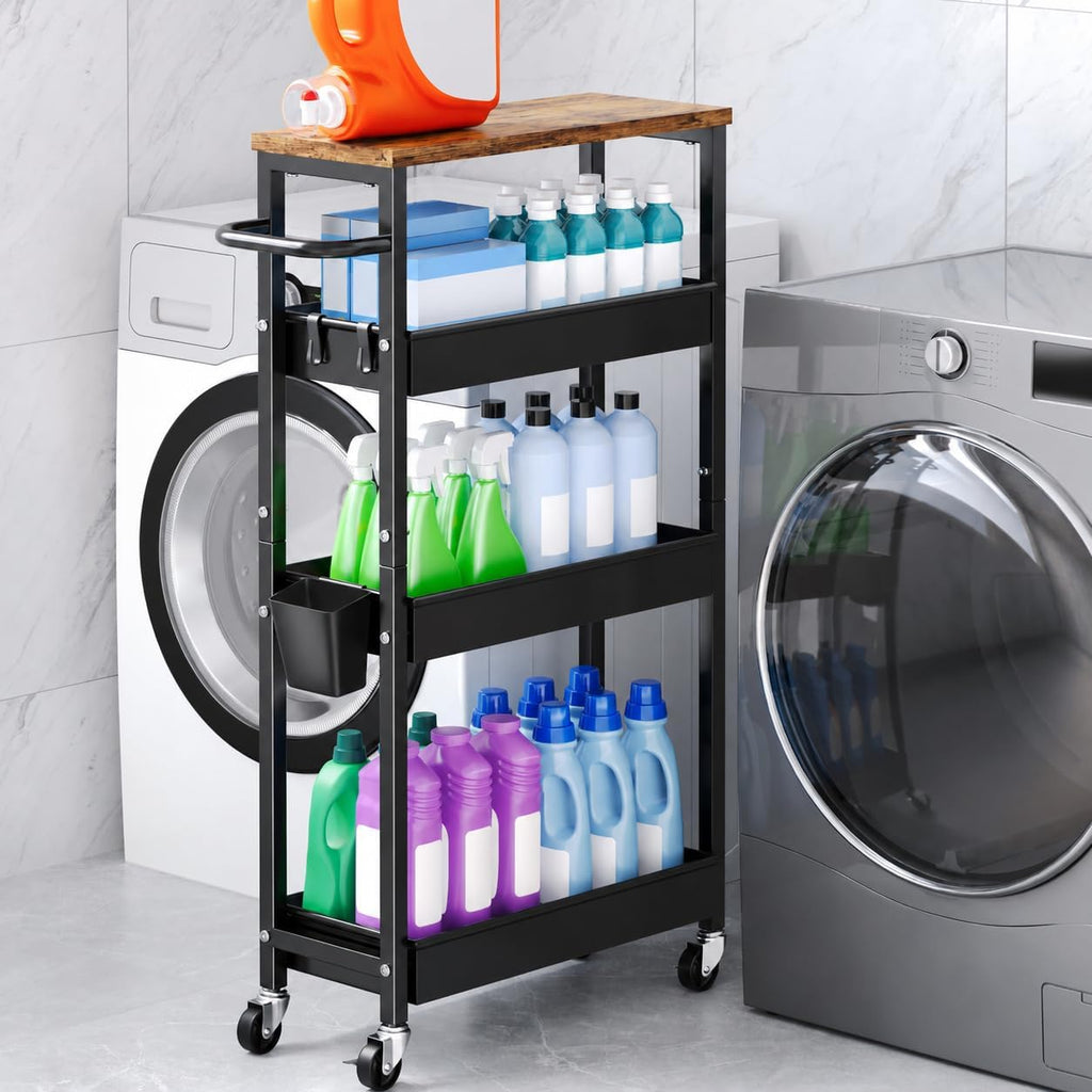 4 Tier Slim Rolling Storage Cart, Metal Narrow Kitchen Cabinet with Wheels, Laundry Room Organization and Storage
