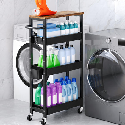 4 Tier Slim Rolling Storage Cart, Metal Narrow Kitchen Cabinet with Wheels, Laundry Room Organization and Storage