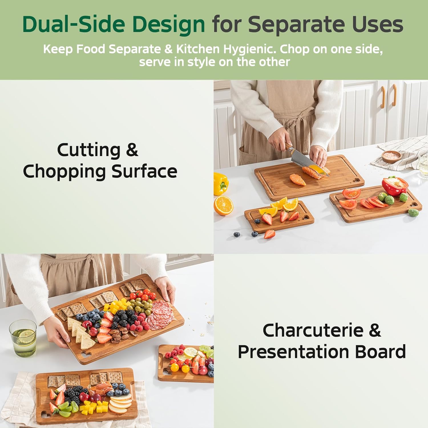 Bamboo Cutting Boards for Kitchen(Set of 3), Wood Cutting Board with Wood Storage Stand, Charcuterie & Chopping Board