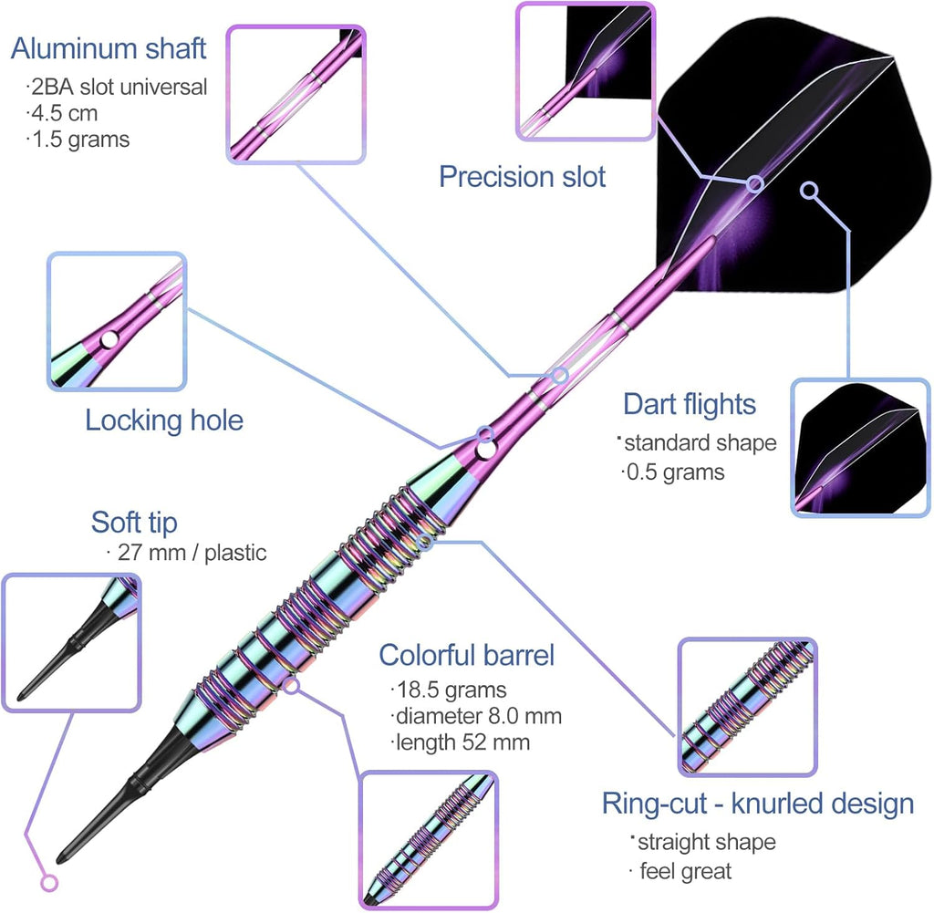 Darts Plastic Tip Set - 18g 21g Colorful Rainbow Soft Tip Darts 50 Anti-Loose O-Rings 6 Shaft (Aluminum/Nylon 45mm) 6