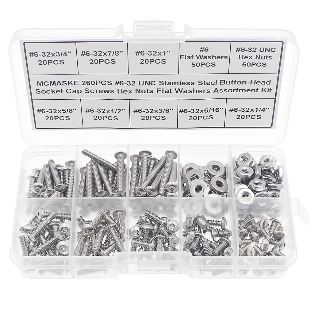 #6-32 UNC Stainless Steel Button-Head Socket Cap Screws Hex Nuts Flat Washers Assortment Kit