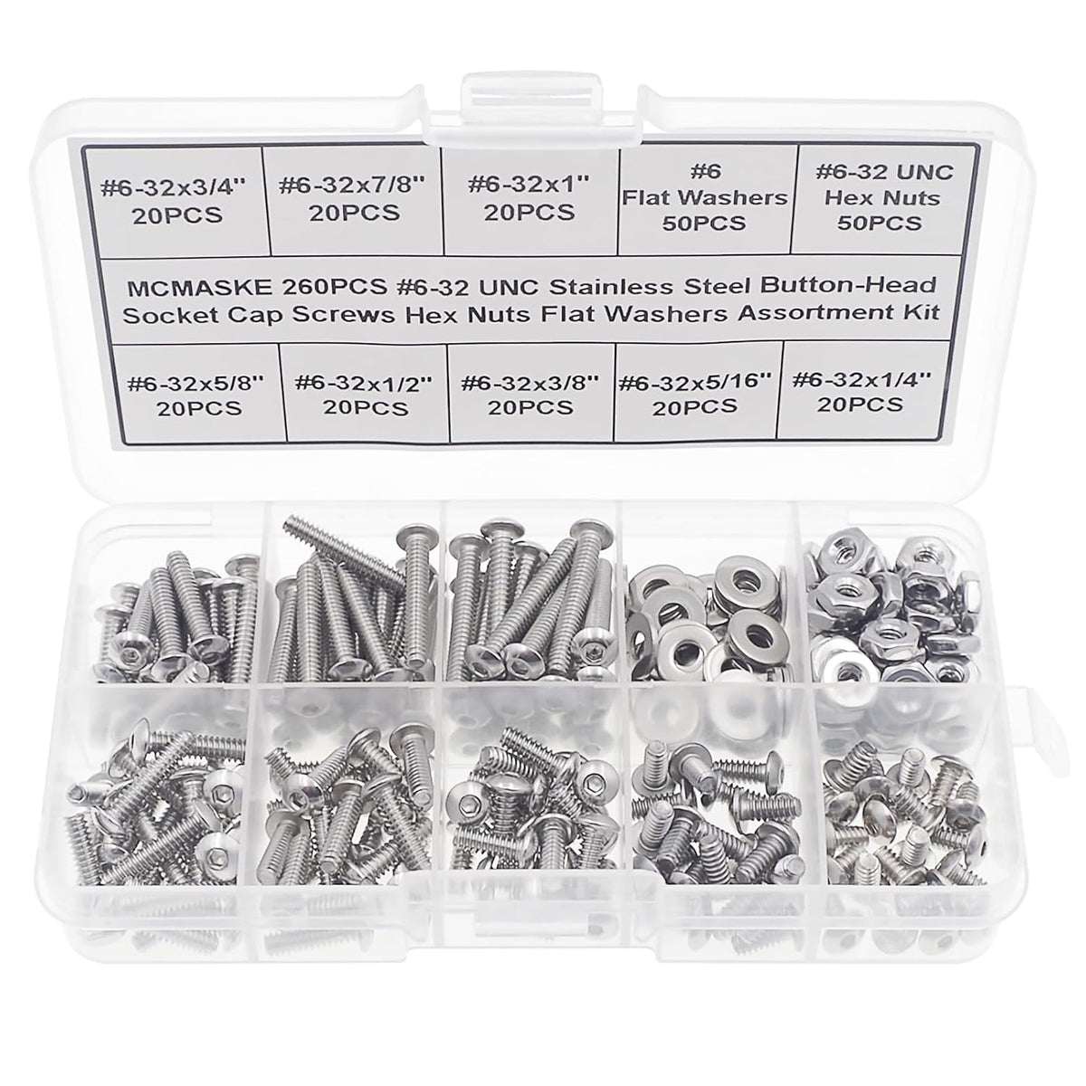 #6-32 UNC Stainless Steel Button-Head Socket Cap Screws Hex Nuts Flat Washers Assortment Kit