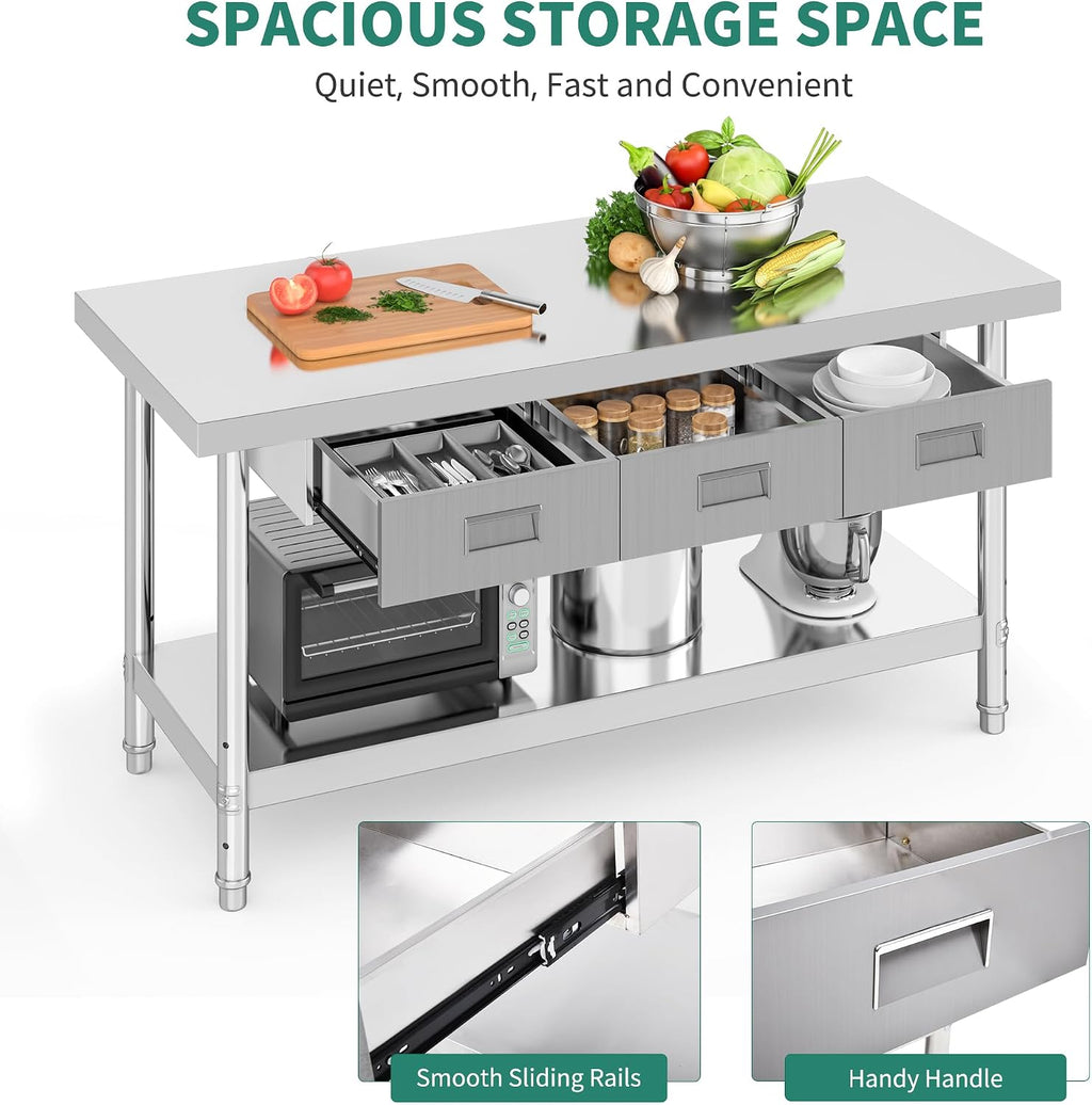 60" X 24" Stainless Steel Table with 3 Drawers