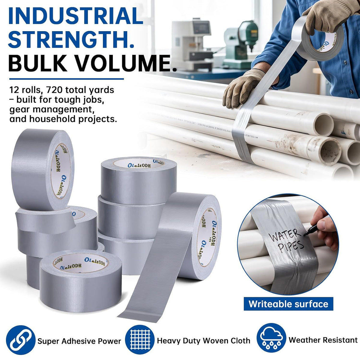 Silver Duct Tape Bulk, 2 Inches x 60 Yards, 12 Pack