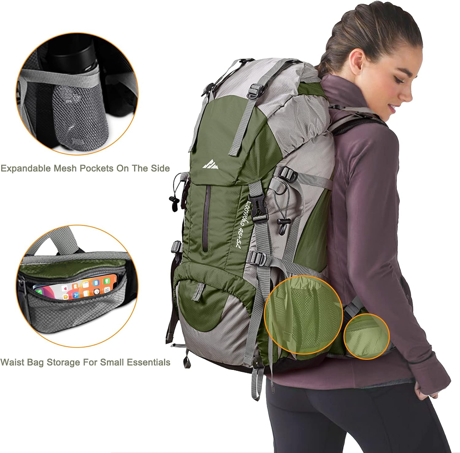 50L Hiking Backpack, Waterproof Camping Essentials Bag with Rain Cover, 45+5 Liter Lightweight Backpacking Back Pack