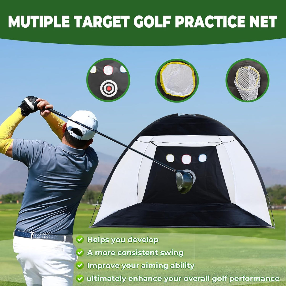 10x7ft Golf Practice Net and Mat, Golf Hitting Nets Golf Driving Net with Target/Mat/Balls/Tee/Bag for Backyard Home