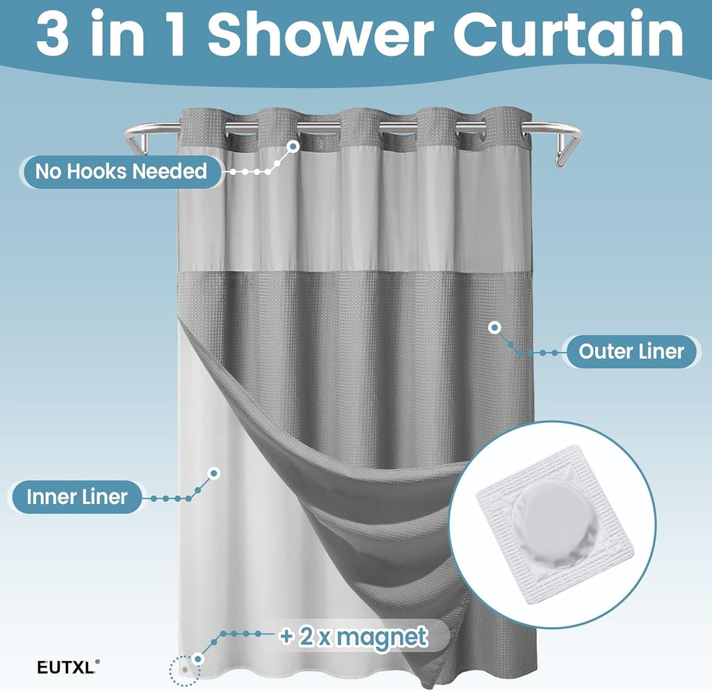 256GSM Heavyweight Waffle Weave Shower Curtain with Snap-in Liner, Extra Thick & Luxury Weighted Fabric Bath Curtain