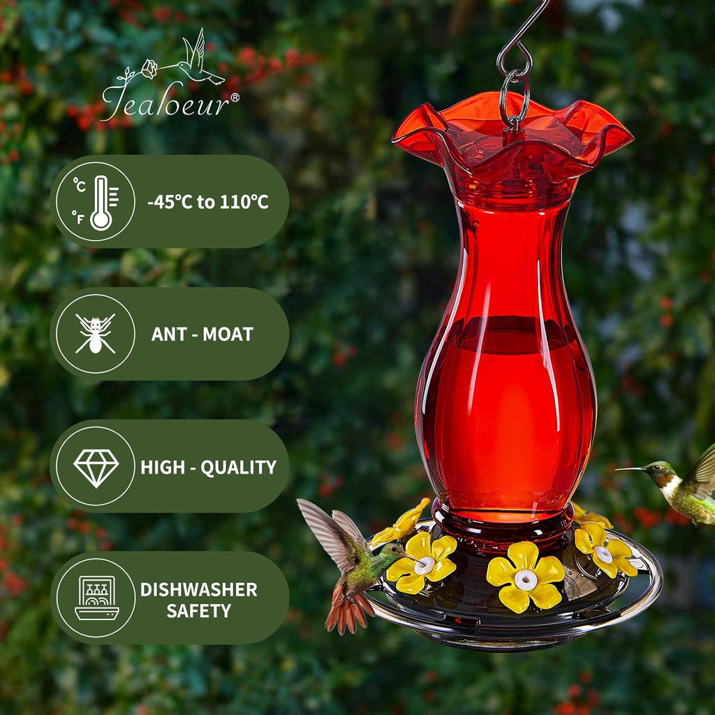 Hummingbird Feeder for Outdoors Hanging, 18 OZ Humming Birds Feeders with 6 Bee Guard Feeding Ports & Built-in Ant