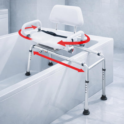 Carousel Sliding Shower Chair Tub Transfer Bench with Swivel Seat, Bariatric, Premium Padded with Pivoting Arms, High