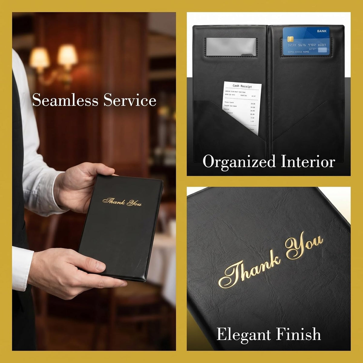 12 Pack Restaurant Check Presenters, Black Gold Thank You Imprint