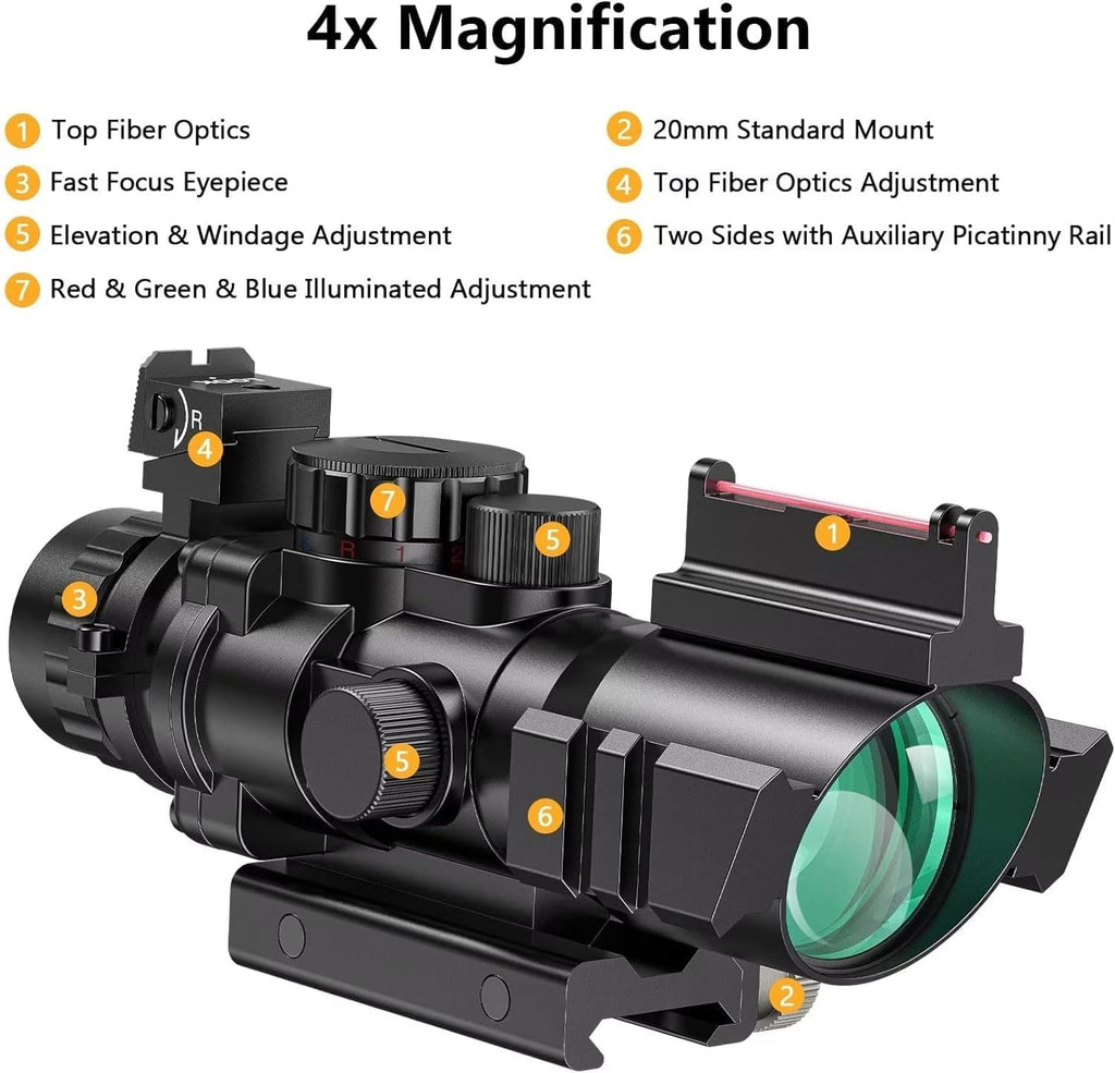 4x32 Prism Hunting Rifle Scope Red & Green & Blue Illuminated Reticle Scope with Fiber Optic Sight
