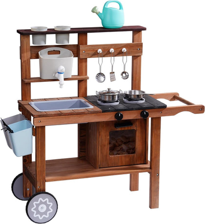 Mud Kitchen for Kids Outdoor with Wheels, Fun Wooden Kid Kitchen Playset for Backyard Pretend Cooking, Outdoor Sink &