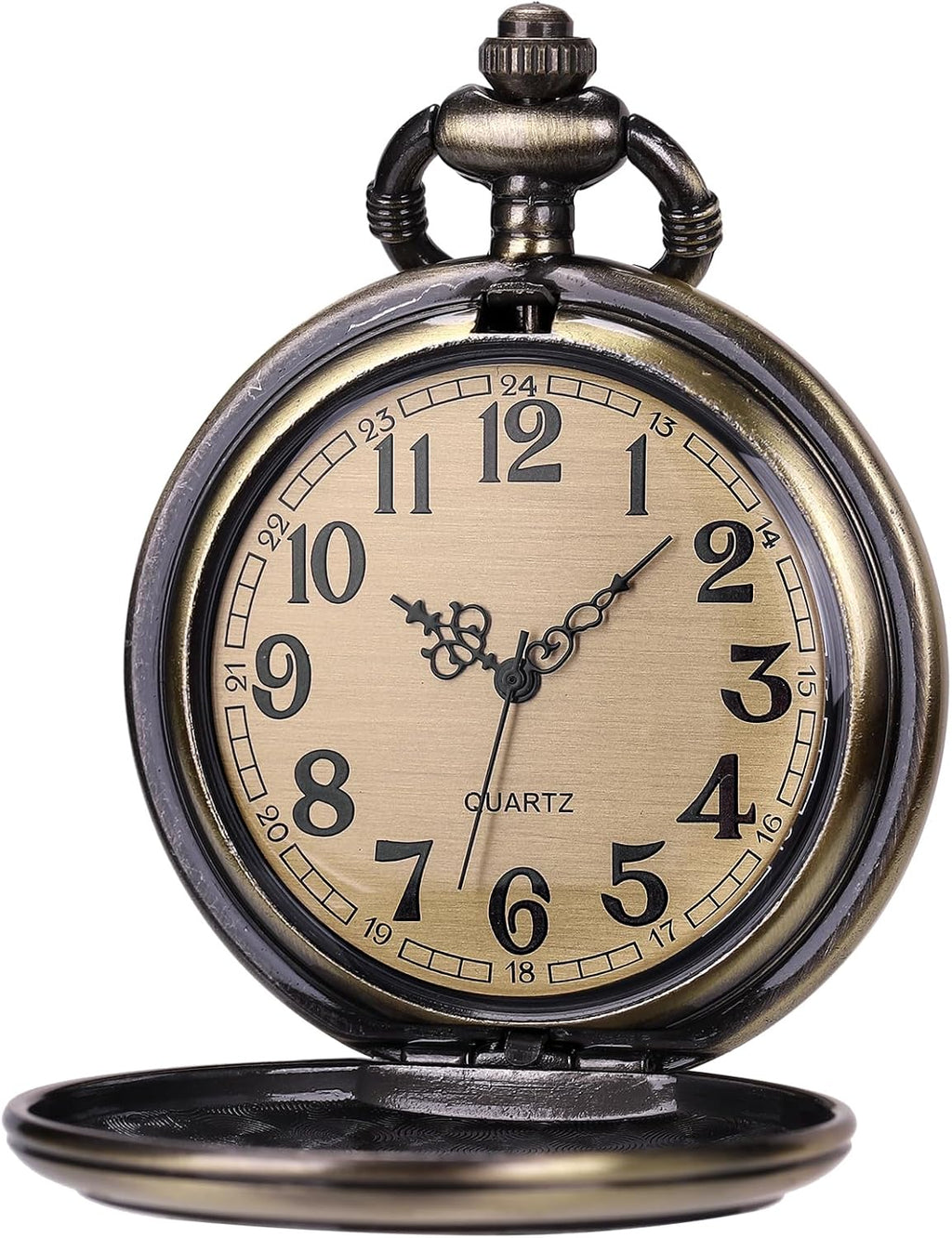 Antique Men Pocket Watch with Chain Oversized 50MM 1.96 Inch 3D Locomotive Steam Train Railroad Hollow + Box
