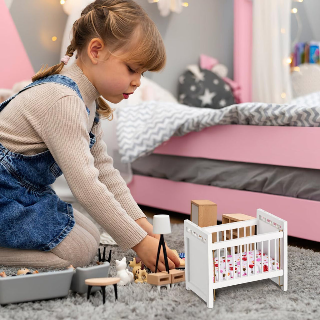Miniature Dollhouse Crib White Mini Cot: Doll Crib Nursery Furniture with Bedding for Dollhouse Room Decor Pretend
