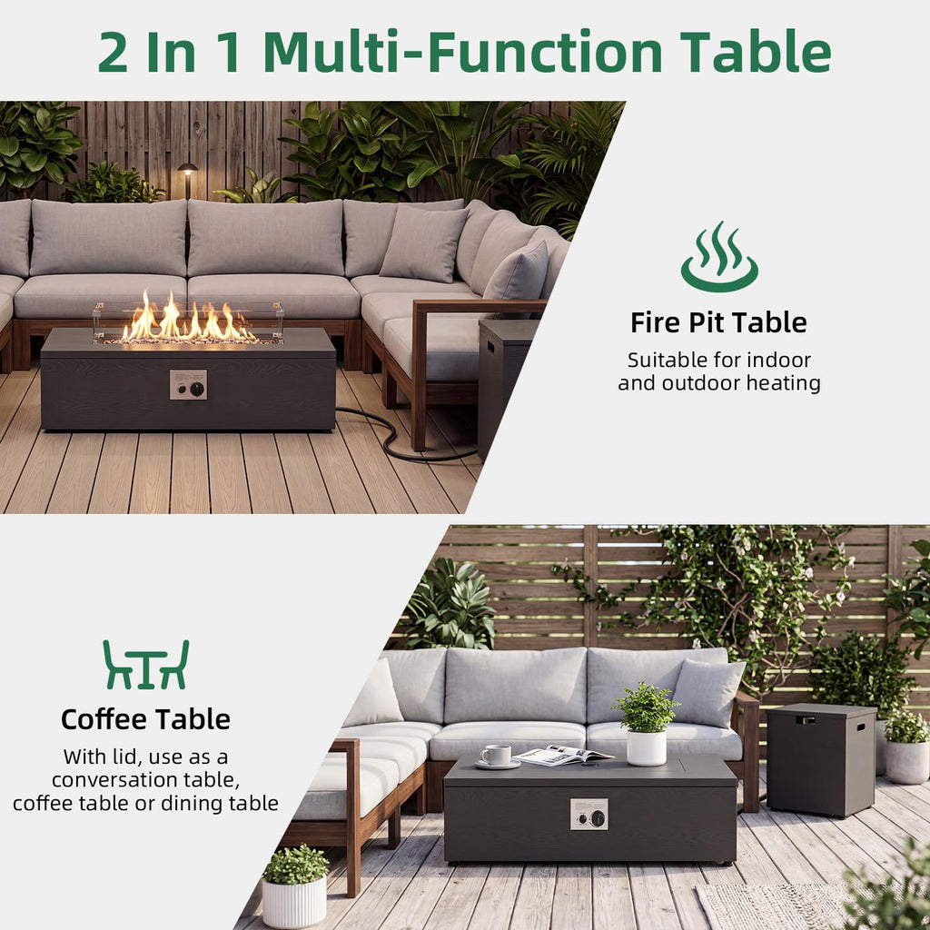 42" Rectangular Propane Fire Pit Table, Grey Wood Grain Iron Gas Fireplace