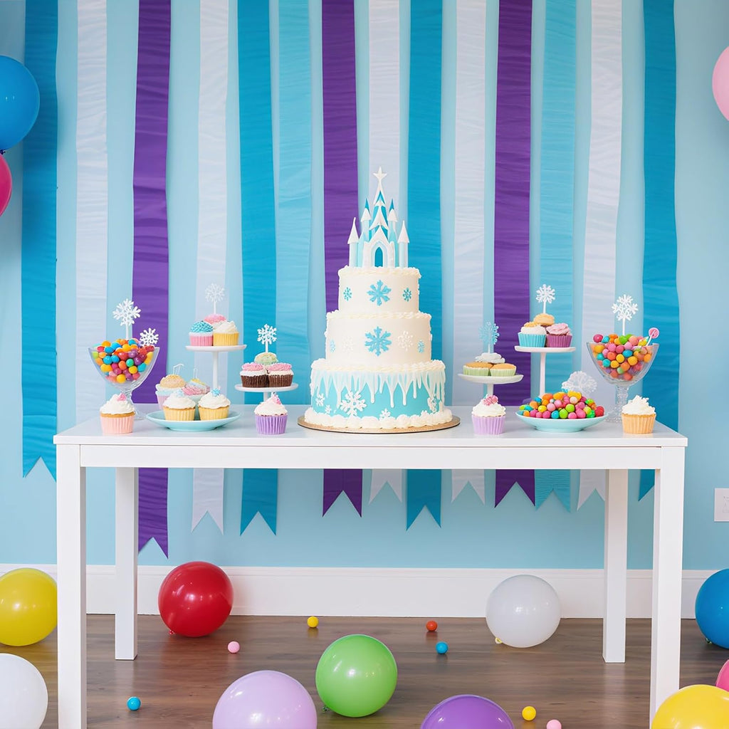 Frozen Birthday Party Decorations, 8 Rolls Purple Blue White Crepe Paper Streamers for Winter Princess Christmas