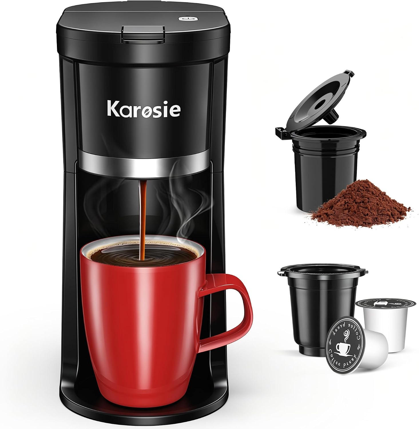 Small Single Serve Coffee Maker, Fast Brew for Pods & Ground Coffee, 6-12 Oz Brew Sizes, One-Button Single Cup Coffee