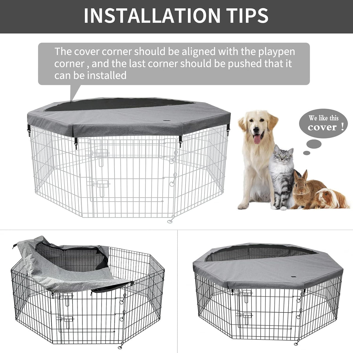 Top Cover Sun/Rain Proof Provide Shade and Security for Indoor Outdoor Dog Playpen Fits All 24" Wide 8 Panels Pet