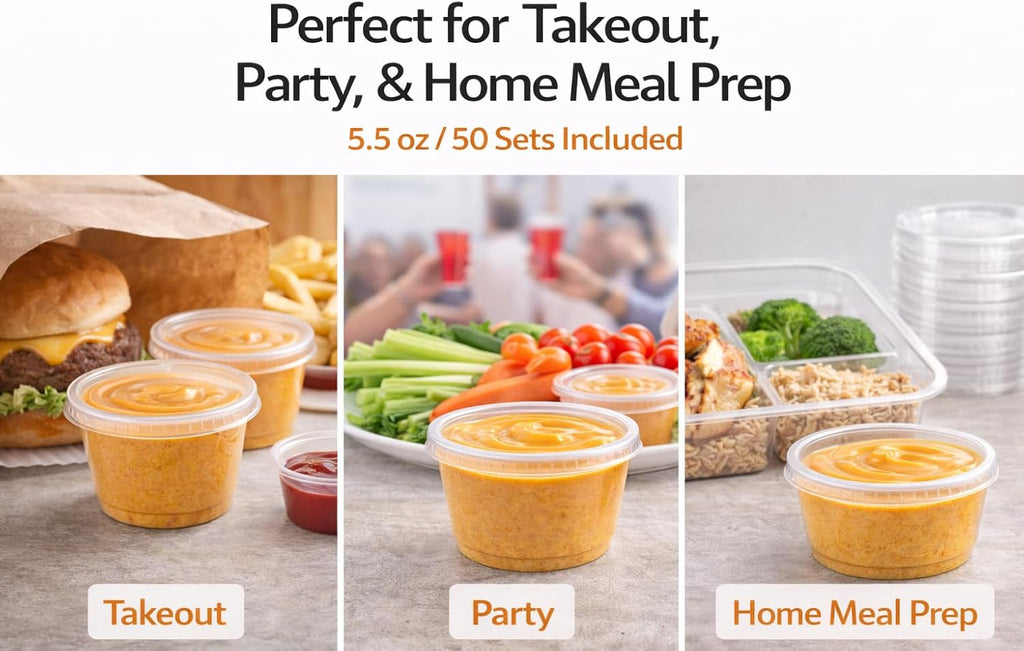 5.5 oz Clear Plastic Souffle Cups, BPA Free Portion Cups with Lids, 50 Sets